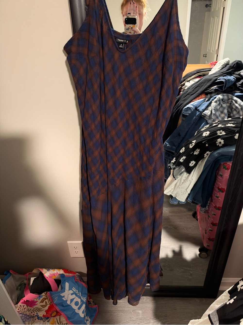 Topshop Navy & Brown Plaid Sleeveless Maxi Dress